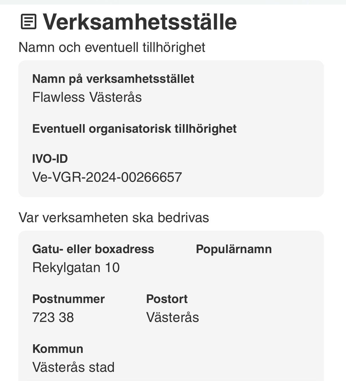 Registrering och kvalitetsdokument för Flawless Västerås