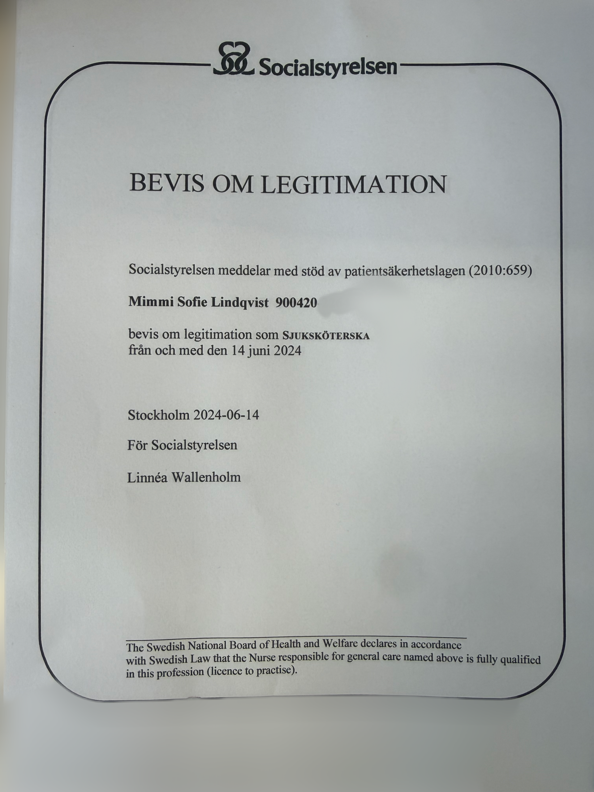 Sjuksköterskelegitimation för Mimmi Lindqvist